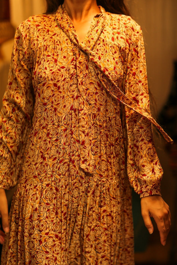 LOA SILK BUTTONED DRESS FLORAL RED - sustainably made MOMO NEW YORK sustainable clothing, Boho Chic Dress slow fashion