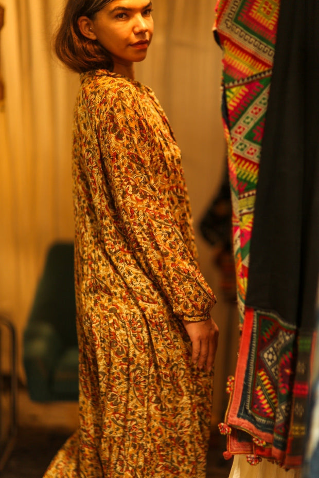 LOA SILK BUTTONED DRESS MARIPOSA YELLOW - sustainably made MOMO NEW YORK sustainable clothing, Boho Chic Dress slow fashion
