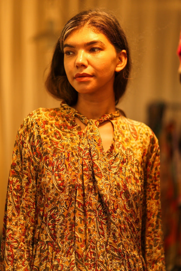 LOA SILK BUTTONED DRESS MARIPOSA YELLOW - sustainably made MOMO NEW YORK sustainable clothing, Boho Chic Dress slow fashion