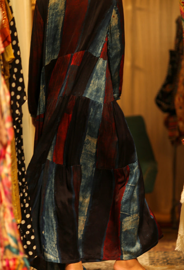 LOA SILK DRESS BLUE BLOCKS - sustainably made MOMO NEW YORK sustainable clothing, Boho Chic Dress slow fashion