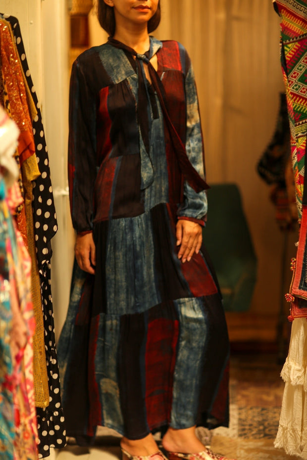 LOA SILK DRESS BLUE BLOCKS - sustainably made MOMO NEW YORK sustainable clothing, Boho Chic Dress slow fashion