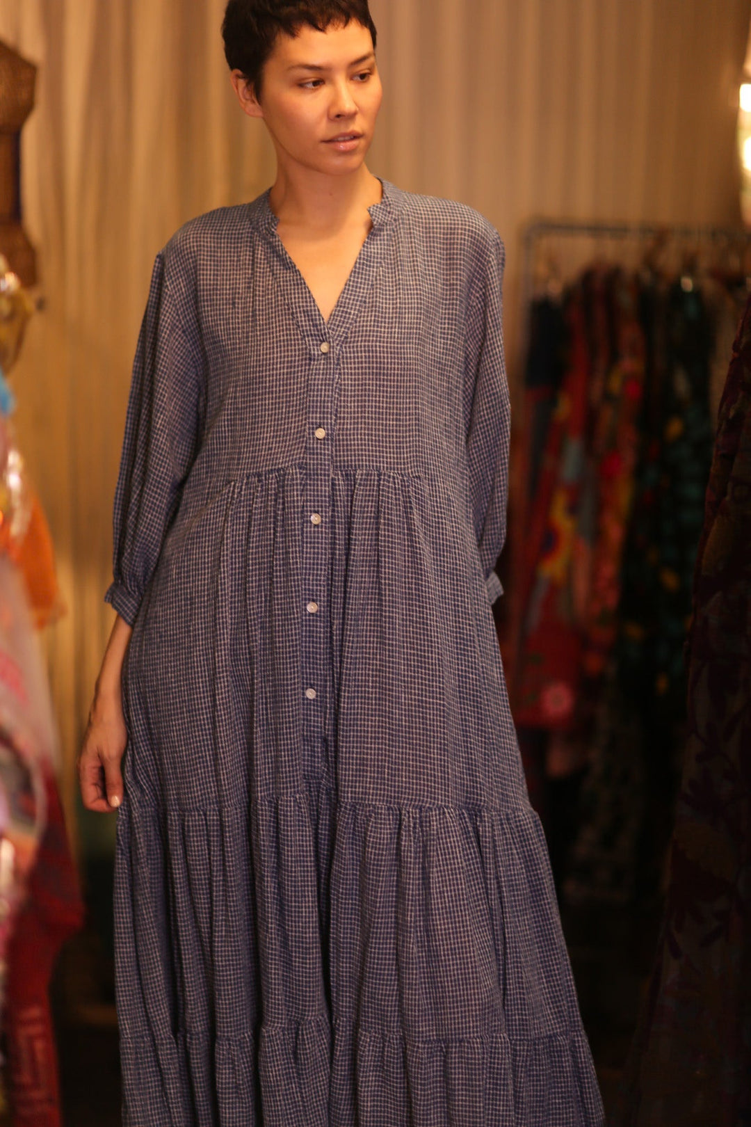 MAXI COTTON V-NECK LONG SLEEVES DRESS SUSIE EMMA, hand made