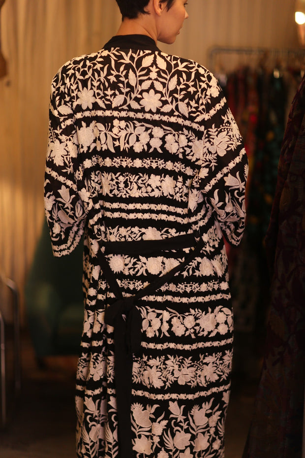 OLA EMBROIDERED SILK LONG KIMONO - sustainably made MOMO NEW YORK sustainable clothing, Embroidered Kimono slow fashion