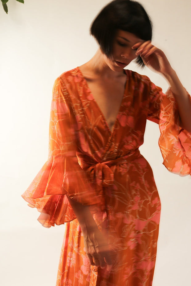 ORANGE FLOWER SILK WRAP DRESS - sustainably made MOMO NEW YORK sustainable clothing, new slow fashion