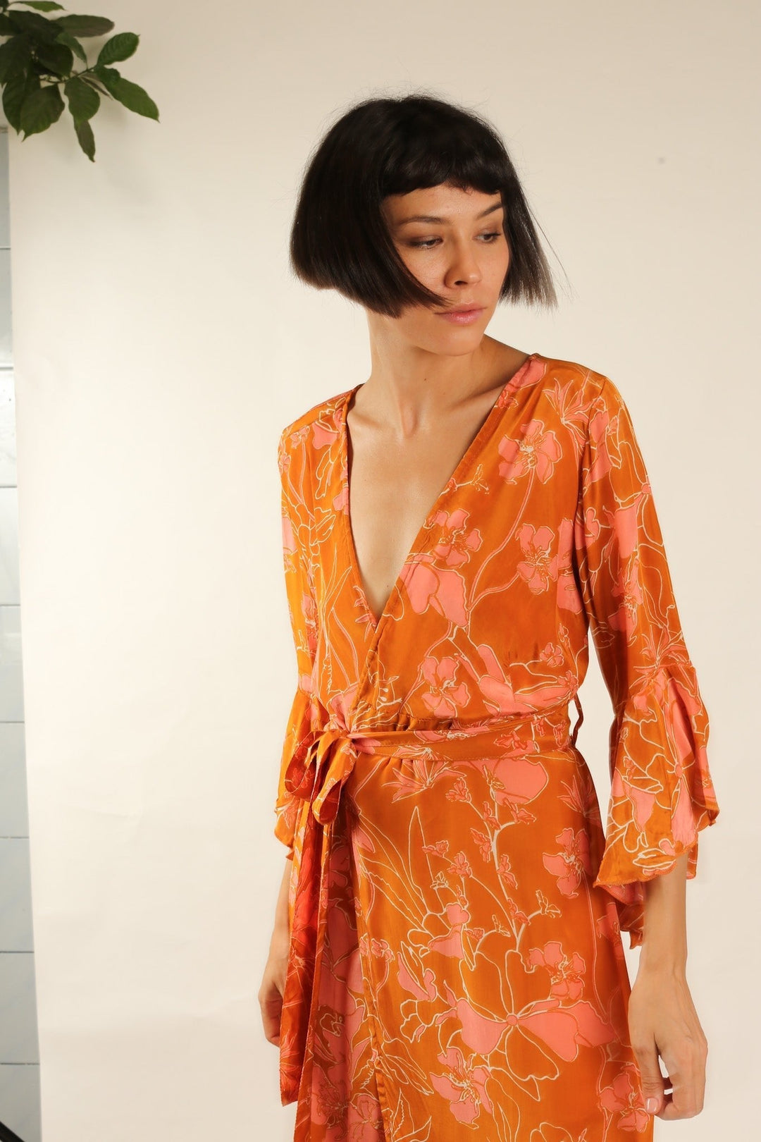 orange silk wrap dress Orange Satin Wrap Dress