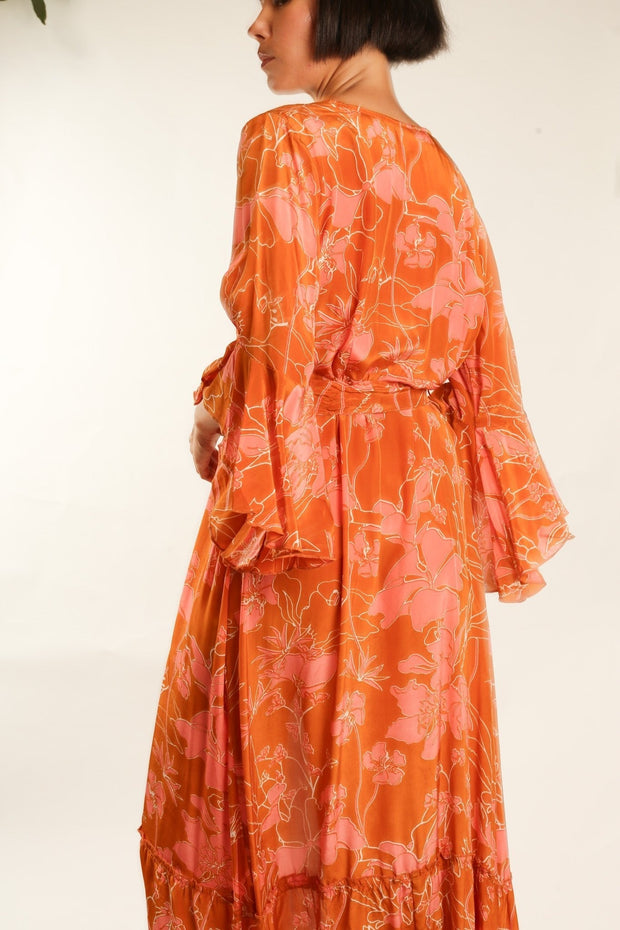 ORANGE FLOWER SILK WRAP DRESS - sustainably made MOMO NEW YORK sustainable clothing, new slow fashion