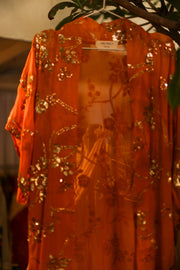 ORANGE SILK SEQUIN EMBROIDERED KIMONO ODO - sustainably made MOMO NEW YORK sustainable clothing, slow fashion