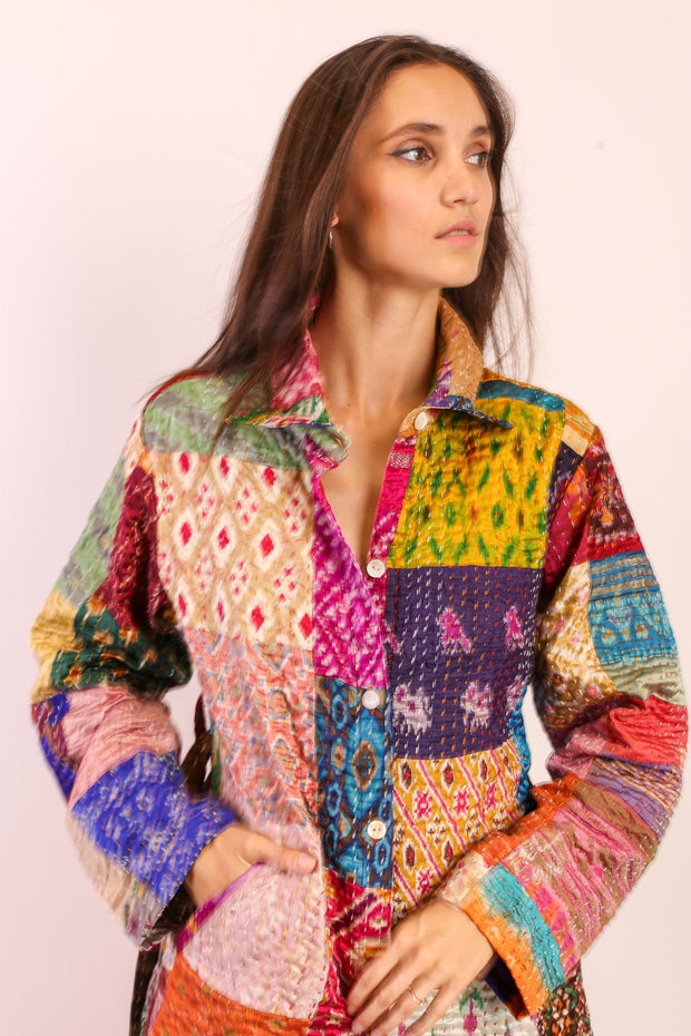 PATCHWORK SILK COAT HILA - sustainably made MOMO NEW YORK sustainable clothing, kantha slow fashion