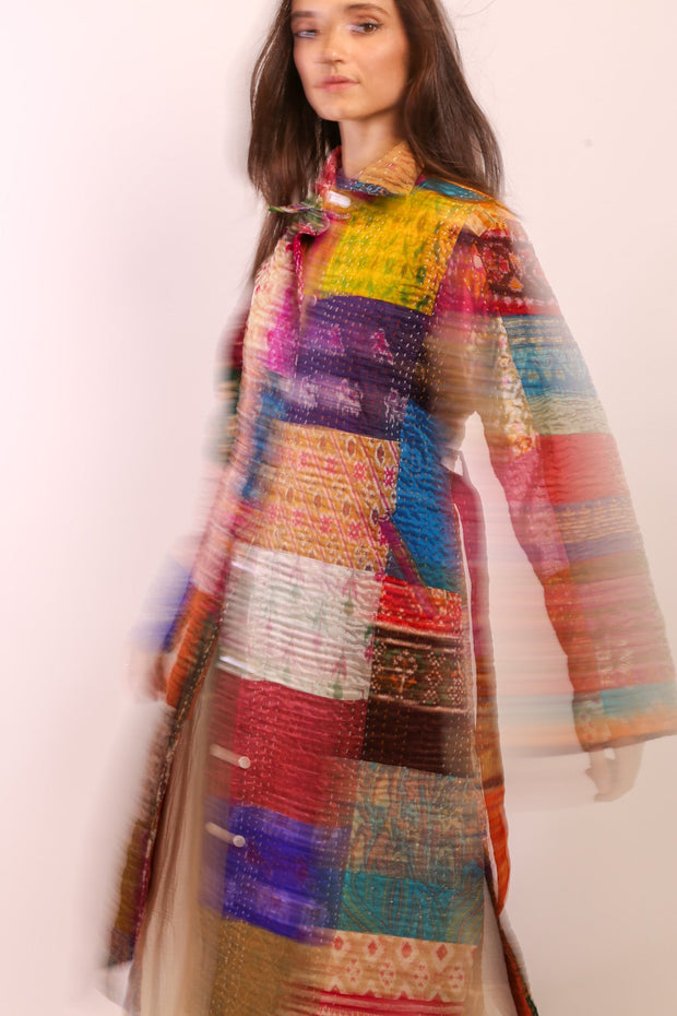 PATCHWORK SILK COAT HILA - sustainably made MOMO NEW YORK sustainable clothing, kantha slow fashion