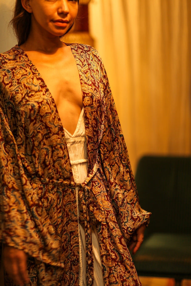 PINA SILK KIMONO CARNIVORE BURGUNDY - sustainably made MOMO NEW YORK sustainable clothing, dress slow fashion