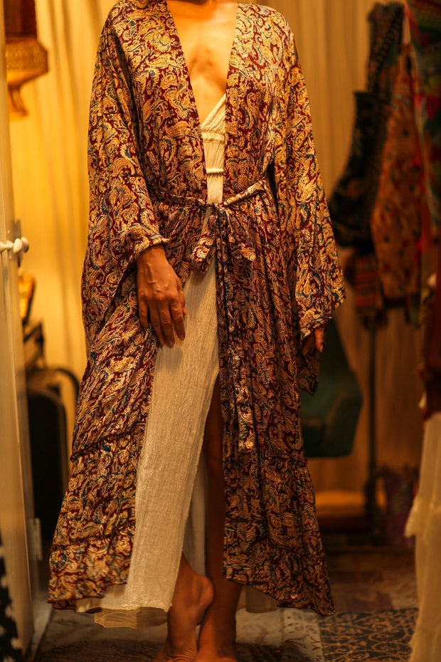 PINA SILK KIMONO CARNIVORE BURGUNDY - sustainably made MOMO NEW YORK sustainable clothing, dress slow fashion