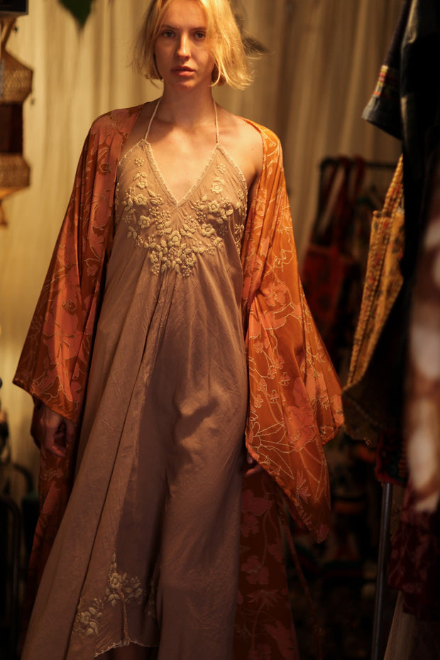 PINA SILK KIMONO ORANGE FLOWER - sustainably made MOMO NEW YORK sustainable clothing, handmade slow fashion