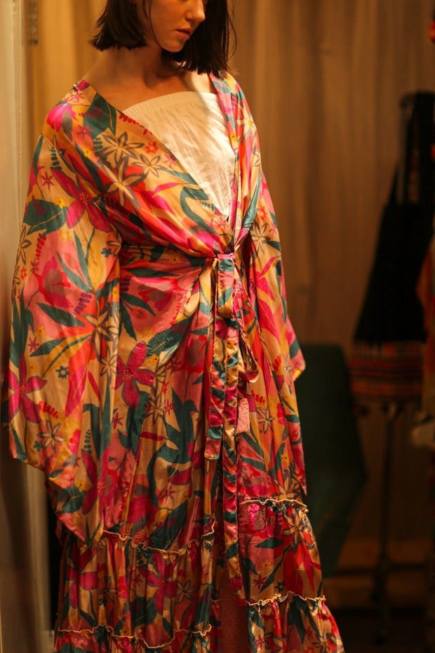 PINK JUNGLE SILK KIMONO PINA - sustainably made MOMO NEW YORK sustainable clothing, kimono slow fashion