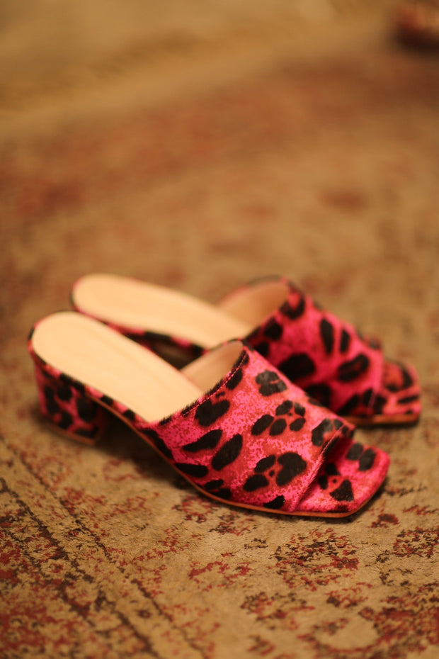 PINK LEO PRINT HEELED MULES - sustainably made MOMO NEW YORK sustainable clothing, slow fashion