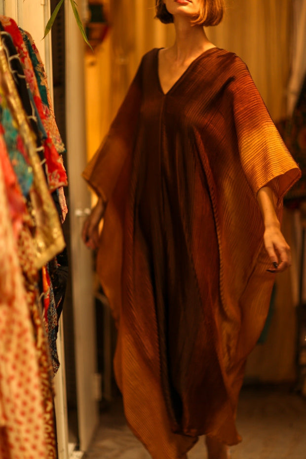 PLEATED SUNSET SILK KAFTAN - sustainably made MOMO NEW YORK sustainable clothing, dress slow fashion