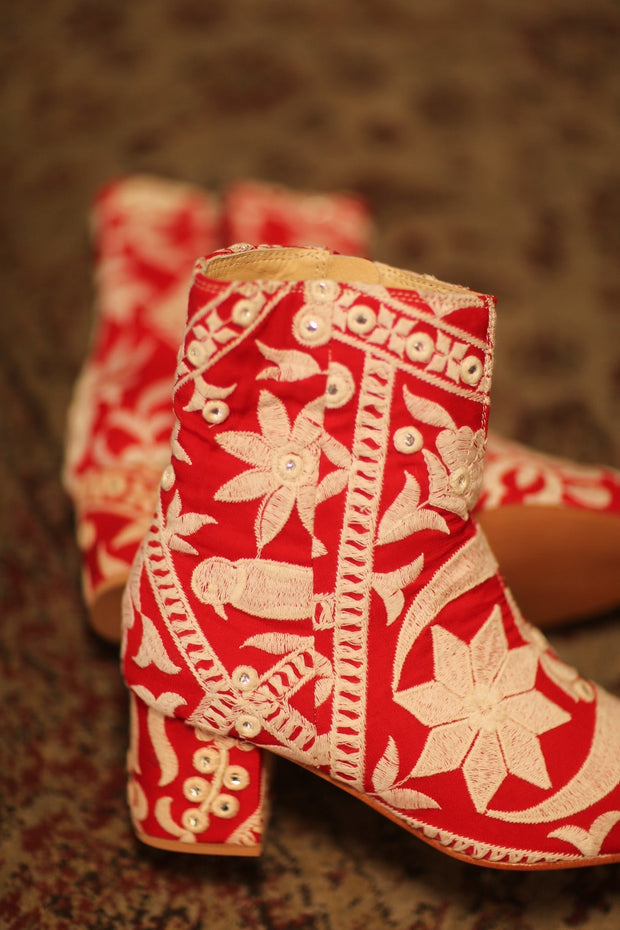 RED EMBROIDERED BOOTS ELLA - sustainably made MOMO NEW YORK sustainable clothing, boots slow fashion