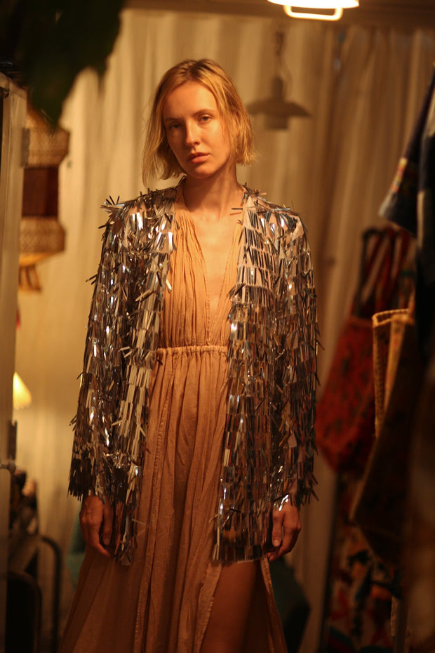 SEQUIN SILVER GLITTER KIMONO FRANKA - sustainably made MOMO NEW YORK sustainable clothing, Kimono slow fashion