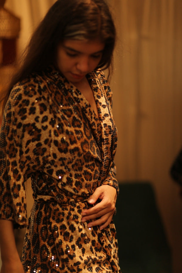 SHANIA SEQUINED LEO KIMONO - sustainably made MOMO NEW YORK sustainable clothing, kimono slow fashion