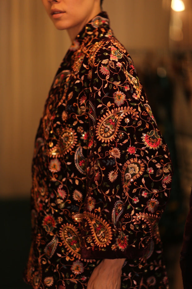 SHORT VELVET EMBROIDERED KIMONO MONA RED - sustainably made MOMO NEW YORK sustainable clothing, coatandjacket slow fashion