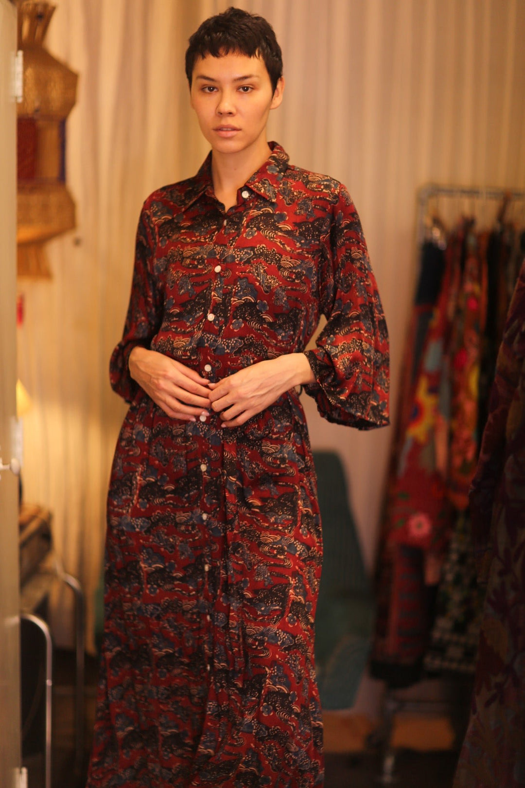 silk button down dress long sleeve Pure Silk Midi Dresses Long Sleeve Button Down Silk Shirt Dress Green / S