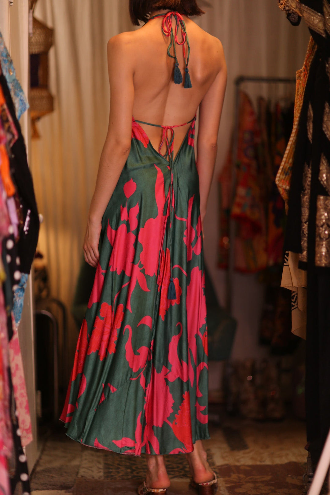 SILK DRESS HANNAH PINK GREEN TROPIC, hand made - MOMO NEW YORK