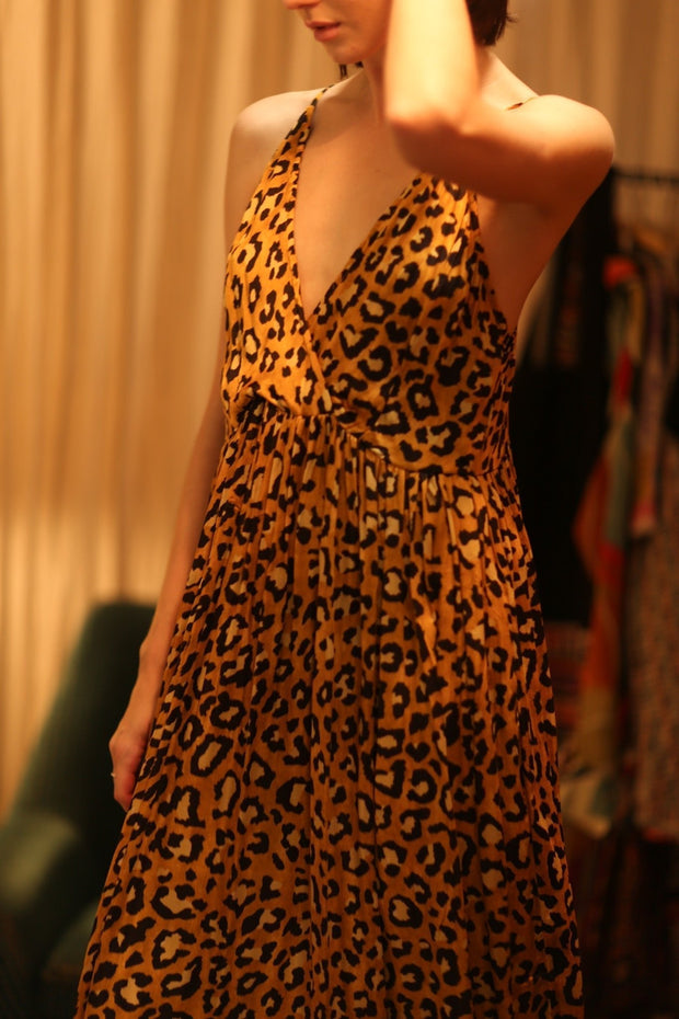 SILK DRESS LILY LEO PRINT DARK - sustainably made MOMO NEW YORK sustainable clothing, Boho Chic Dress slow fashion