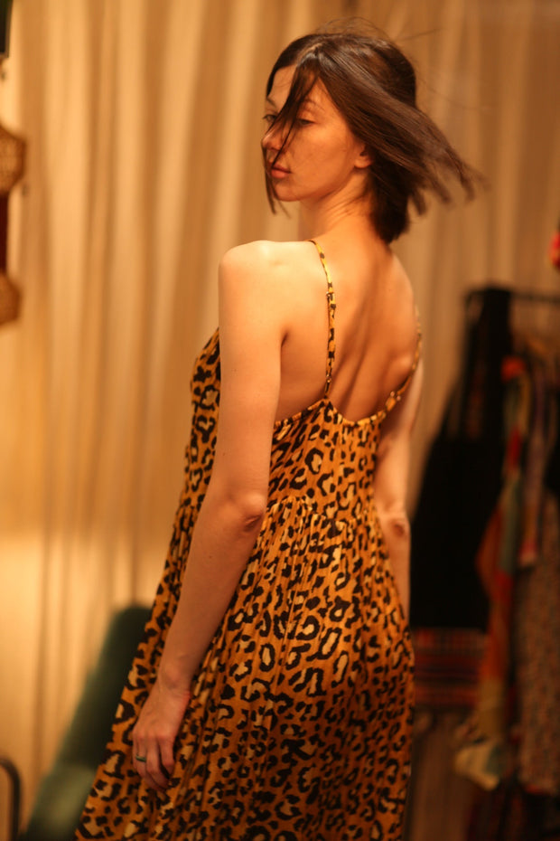 SILK DRESS LILY LEO PRINT DARK - sustainably made MOMO NEW YORK sustainable clothing, Boho Chic Dress slow fashion