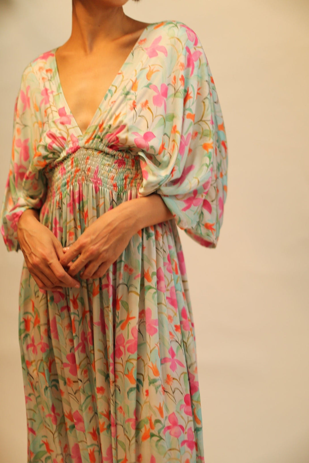 SILK DRESS ZURI CREAM FLORAL, hand made - MOMO NEW YORK