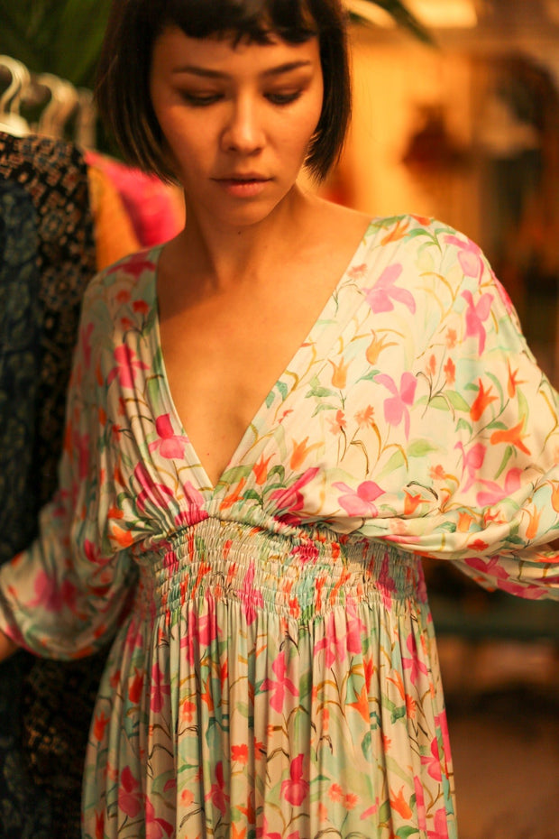 SILK DRESS PINA CREAM FLORAL - sustainably made MOMO NEW YORK sustainable clothing, dress slow fashion