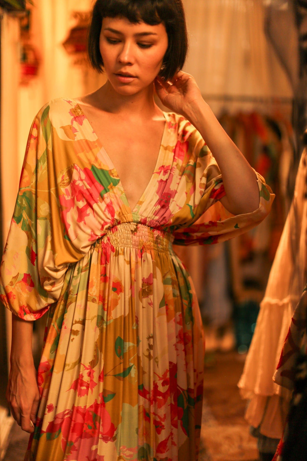 momo dress old lady SILK ZURI FLORAL, hand made - NEW YORK Shop All Shoes seam pockets add functionality Mac Duggal Embellished V Color:Custom Colors