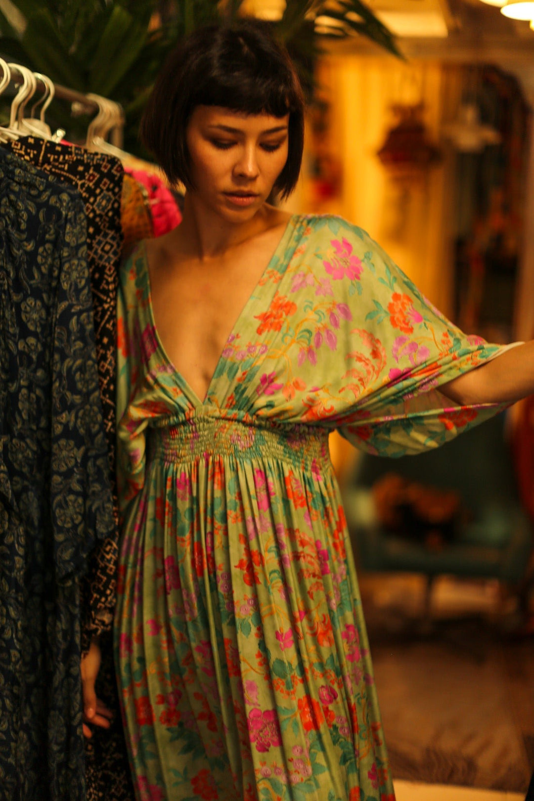 SILK DRESS ZURI GREEN FLORAL, hand made - MOMO NEW YORK - sustain...
