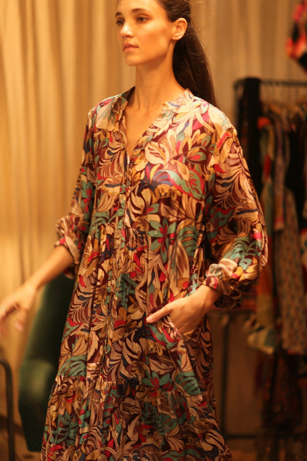 SILK DRESS SUSIE BROWN JUNGLE FEVER - sustainably made MOMO NEW YORK sustainable clothing, Boho Chic Dress slow fashion