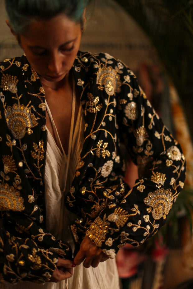 SILK EMBROIDERED BOMBER JACKET LISA - sustainably made MOMO NEW YORK sustainable clothing, bestseller slow fashion