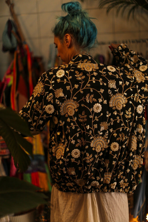 SILK EMBROIDERED BOMBER JACKET LISA - sustainably made MOMO NEW YORK sustainable clothing, bestseller slow fashion