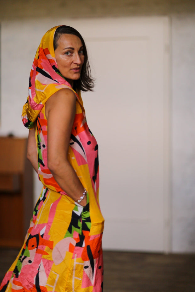 SILK HOODIE DRESS DILLA - sustainably made MOMO NEW YORK sustainable clothing, new slow fashion