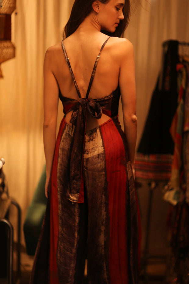 SILK JUMPSUIT NEIS RED BROWN STRIPE - sustainably made MOMO NEW YORK sustainable clothing, jumpsuit slow fashion