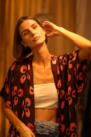 SILK KIMONO BROWN LITTLE PINK FLOWER - BANGKOK TAILOR CLOTHING STORE - HANDMADE CLOTHING