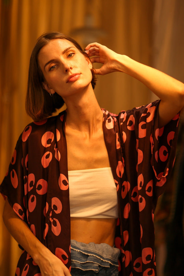 SILK KIMONO BROWN LITTLE PINK FLOWER - BANGKOK TAILOR CLOTHING STORE - HANDMADE CLOTHING