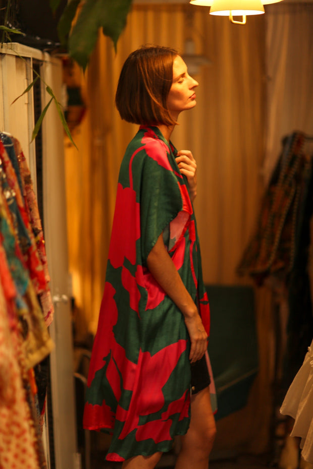 SILK KIMONO GREEN AND PINK - BANGKOK TAILOR CLOTHING STORE - HANDMADE CLOTHING