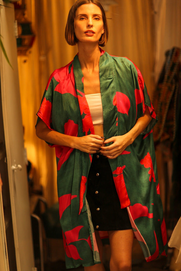 SILK KIMONO GREEN AND PINK - BANGKOK TAILOR CLOTHING STORE - HANDMADE CLOTHING