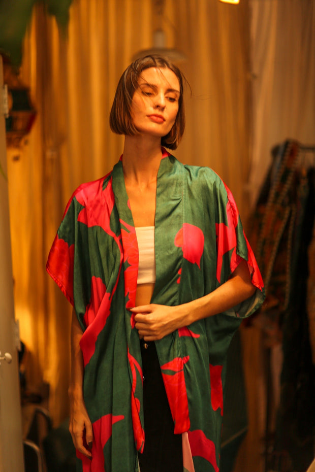 SILK KIMONO GREEN AND PINK - BANGKOK TAILOR CLOTHING STORE - HANDMADE CLOTHING