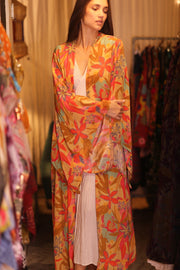 SILK KIMONO PINA ORANGE LEAF - sustainably made MOMO NEW YORK sustainable clothing, handmade slow fashion