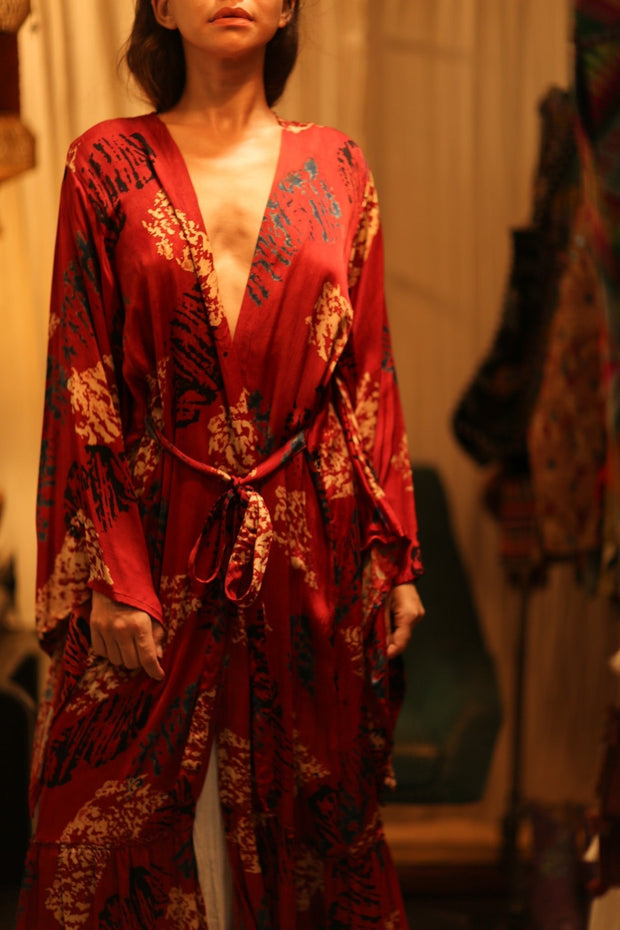 SILK KIMONO PINA RED JEAN - sustainably made MOMO NEW YORK sustainable clothing, Kimono slow fashion
