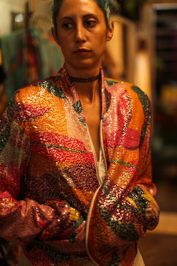 SILK SEQUIN EMBROIDERED BOMBER JACKET BANOU - sustainably made MOMO NEW YORK sustainable clothing, bestseller slow fashion