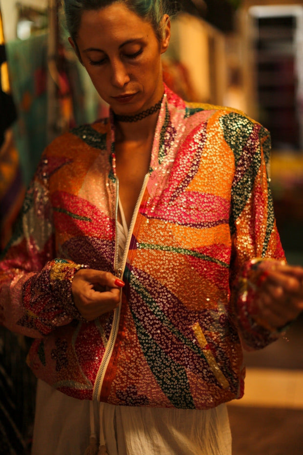 SILK SEQUIN EMBROIDERED BOMBER JACKET BANOU - sustainably made MOMO NEW YORK sustainable clothing, bestseller slow fashion
