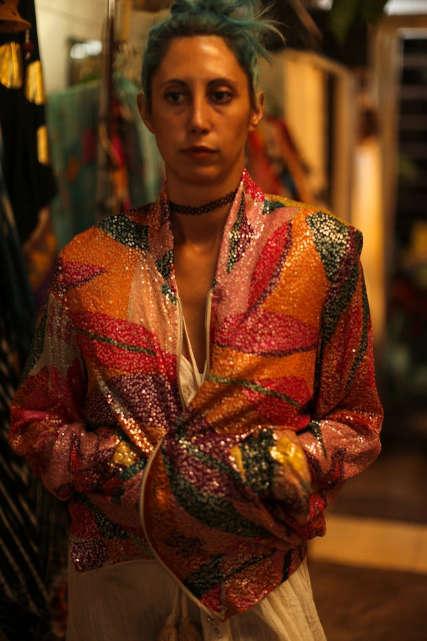 SILK SEQUIN EMBROIDERED BOMBER JACKET BANOU - sustainably made MOMO NEW YORK sustainable clothing, bestseller slow fashion