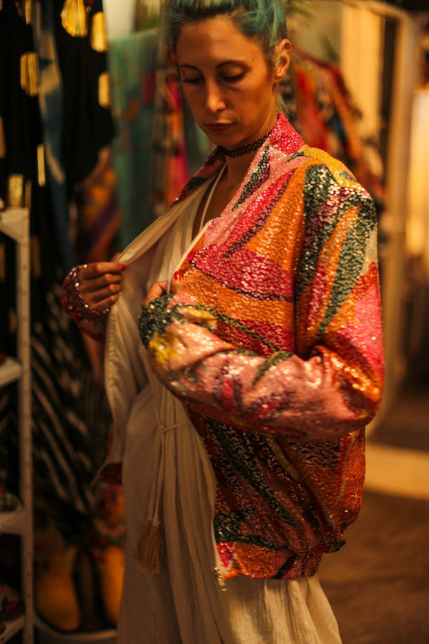 SILK SEQUIN EMBROIDERED BOMBER JACKET BANOU - sustainably made MOMO NEW YORK sustainable clothing, bestseller slow fashion