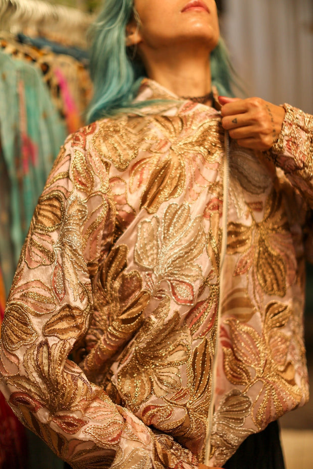 SILK SEQUIN EMBROIDERED BOMBER JACKET JUDE - sustainably made MOMO NEW YORK sustainable clothing, bestseller slow fashion