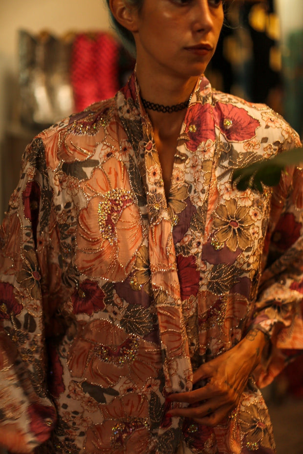 SILK SEQUIN EMBROIDERED KIMONO LUZI - sustainably made MOMO NEW YORK sustainable clothing, bestseller slow fashion