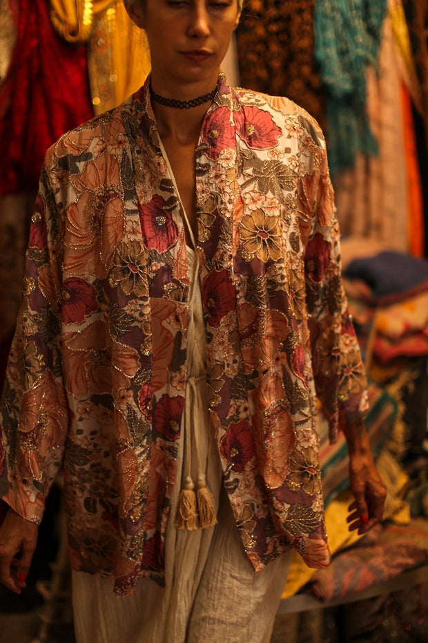 SILK SEQUIN EMBROIDERED KIMONO LUZI - sustainably made MOMO NEW YORK sustainable clothing, bestseller slow fashion